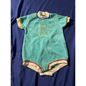 Doe Spun Velour Baby Bodysuit Teal Embroidered Tiger- Vintage 80s/90s Wear
